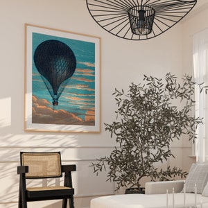 Vintage Heißluftballon Digitaldruck, Boho Wandkunst, Sonnenuntergang Illustration Poster, Le Balloon Fine Art Poster, Blau Mid Century Wanddekor