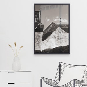 Black and White Waterfall Bridge Photography, Town River Scenery Wall Art Home Decor, Black and White Modern Printable, Abstract Photo Print