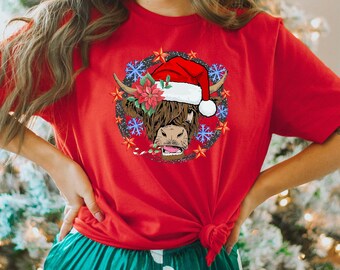 Christmas Crewneck Cow Shirt, Christmas Highland Cow Sweatshirt, Farm Christmas Shirt, Highland Cow Shirt, Holiday Gifts, Xmas Cow