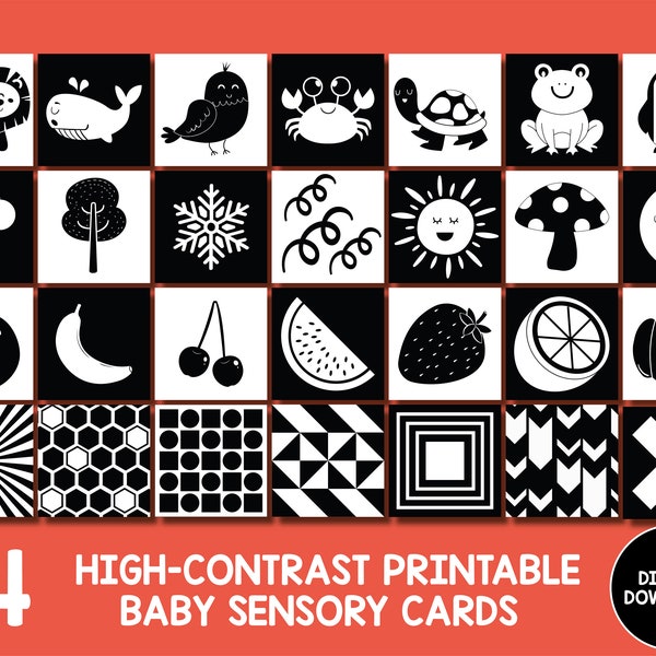 64 Printable High Contrast Baby Cards in Black and White - Sensory Development Cards for Newborn, Black&White Flash Cards Tummy Time Cards