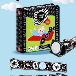 Livre dépliant sensoriel nouveau-né avec miroir, livre bébé noir et blanc, jouet pour nouveau-né, nouveau-né sensoriel, carte sensorielle bébé, jouet de temps sur le ventre