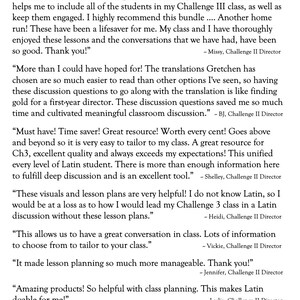 May include: Testimonials from teachers using a Latin curriculum resource. The resource includes lesson plans, discussion questions, and visuals to help teachers engage students in learning Latin.