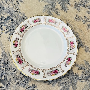 Digoin French porcelain, cake/dessert plate, floral motif saucer, gold rim, vintage French antique porcelain, 19cm