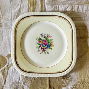 Limoges France Letourneur, cake plate, breakfast dish flowers square quadrilateral, vintage porcelain French antique, 19cm