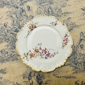 Limoges France, Lunch/Dinner/Dessert/Cake Plates, Floral Pattern, Gold Rim, 22cm, Vintage French Antique Porcelain