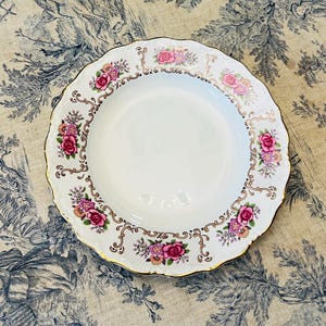 Digoin French porcelain, soup bowl/round deep dish/lunch/dinner plate, floral, gold rim, vintage French antique porcelain, 24cm