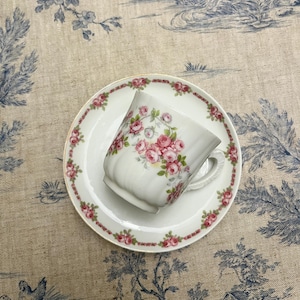 Limoges France, Elegant coffee cup and saucer, floral pattern gold rim, Coffee cup and saucer, vintage French antique porcelain