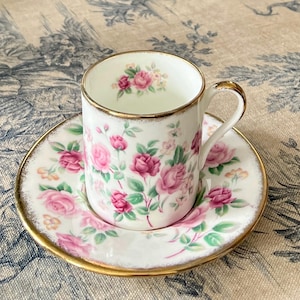 Harleigh England, Elegant coffee cup and saucer, floral pattern gold rim, Coffee cup and saucer, vintage English antique porcelain