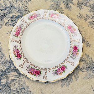Digoin French Porcelain, Lunch/Dinner/Dessert/Service Plate, Floral Pattern, Gold Rim, Vintage French Antique Porcelain, 24cm