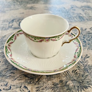 Elegant Limoges France Coffee/Tea Cup and Saucer, With Flower, Vintage French Antique Porcelain, Golden Edge