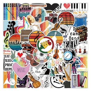 Paquete de pegatinas de música de instrumentos orquestales Kawaii Alta calidad VINILO reutilizable al azar/impermeable/Regalo/Equipaje/Monopatín/Guitarra/Ordenador portátil