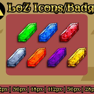 Puede incluir: Ocho iconos rectangulares de gemas de diferentes colores con un patrón de diamante. Los iconos están dispuestos en dos filas de cuatro. Los iconos son verdes, azules, rojos, plateados, naranjas, morados, amarillos y dorados. El texto "Loz Icons/Badges" está en la parte superior de la imagen. El texto "72px | 36px | 18px | 112px | 56px | 28px" está en la parte inferior de la imagen.