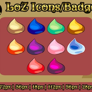 May include: A set of 12 colorful teardrop-shaped icons, resembling badges or game assets. The icons are arranged in three rows of four, with each row featuring a different color palette. The colors include gold, blue, green, orange, red, purple, pink, and light blue.