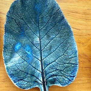 Può includere: Un piatto da portata in ceramica blu a forma di foglia con un motivo di venature dettagliato. Il piatto è smaltato in un colore blu chiaro con venature blu più scure.