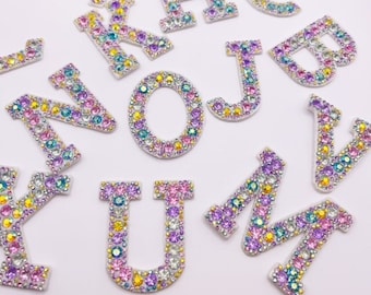 White Rainbow rhinestone alphabet letter patches for clothing, Irone on bridal wedding DIY embroidery, 5.5 cm tall, quick shipping form USA