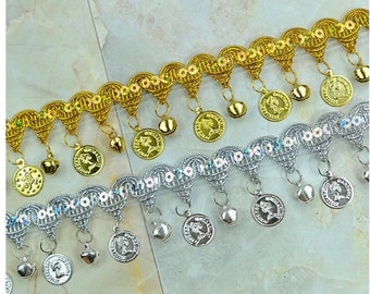 Dangling gold silver coin and bell ring polyester Trim by yards 1.5 inches, 4cm wide, belly dance trim, Spartan Solider Heads trim by yard