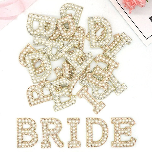 Iron on Mrs, Bride, Wifey, Love, wedding letters, Pearl Rhinestone alphabet patches, Irone on bridal theme,  quick shipping from USA