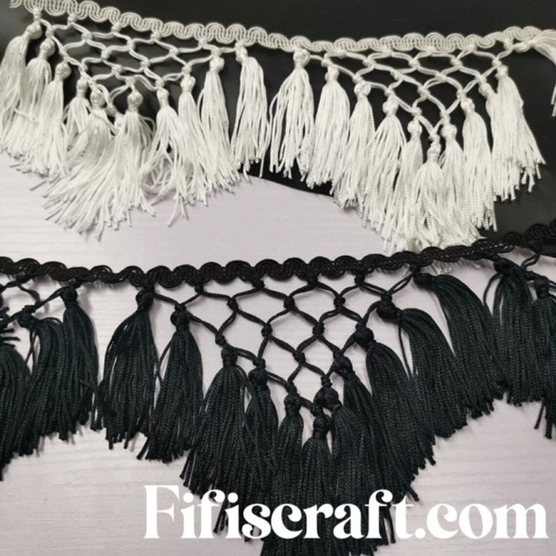 Tussle Dangling String Trim on Lace by Yards, White and Black ...