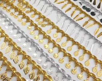 Dangling metal coin and leaf Trim by yards, belly dance trim, 1.5 inches wide, Scallop Trim, spartan, Athens, gladiator heads trim.