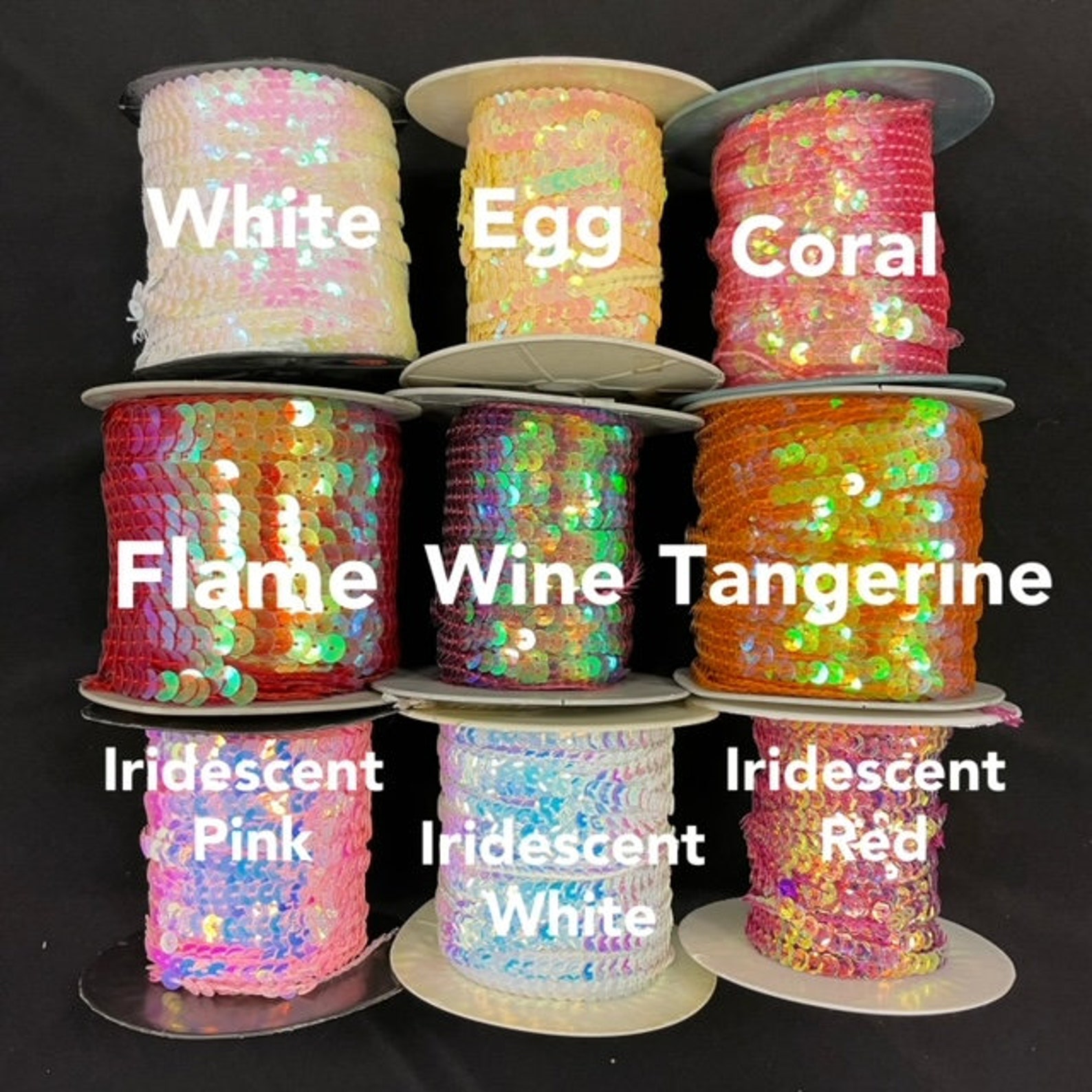 String Sequin Color Chart 6mm 3D Iridescent Pearlized Sequin String by Yard, Rope Fringe Cord 6mm ...