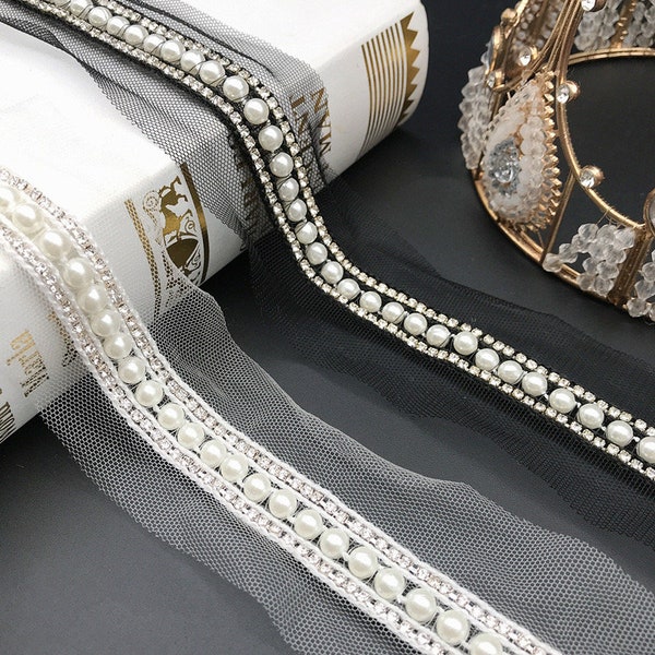 Pearl Trim on mesh with rhinestone chain by yards, immediate shipping from USA, perfect for sewing, DIY projects