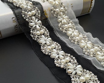 Pearl Trim on mesh by yards, 2 inches mesh, 1.5 inches wide pearl part, quick shipping from USA, perfect for bridal, evening address