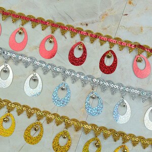 Large Oval Dangling Sequin Polyester with bell Scallop Trim by yards in multicolor