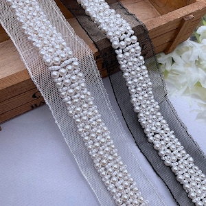 Pearl Trim on mesh by yards, perfect for DIY, sewing and crafting project, immediate shipping from USA
