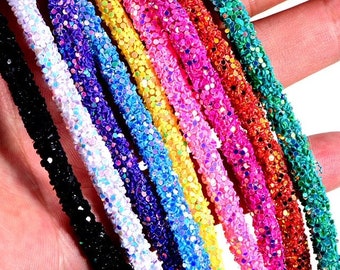 44 colors available of 6 mm cylinder glitter String trim, soft hallow tube Rope decoration Glitter stirp by yards, quick shipping from USA