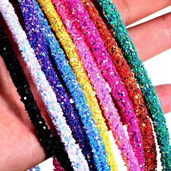 44 colors available of 6 mm cylinder glitter String trim, soft hallow tube Rope decoration Glitter stirp by yards, quick shipping from USA