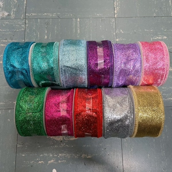 10 Yards Metallic Glitter Ribbon with finished edge,  2 inch wide, 11 colors available , for hair bow, party, wedding, scrap booking,