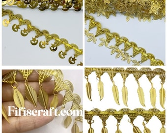 Dangling metal coin and leaf Trim by yards, belly dance trim, 1.5 inches wide, Scallop Trim, spartan, Athens, gladiator heads trim.