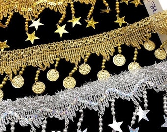 Dangling star trim and coin trim  by yards, immediate shipping from USA, for outfit, belly dancer, party,  handcraft items DIY projects