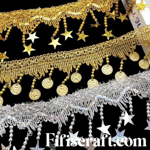 Dangling star trim and coin trim  by yards, immediate shipping from USA, for outfit, belly dancer, party,  handcraft items DIY projects