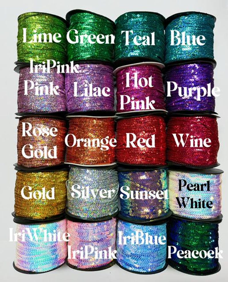 String Sequin Color Chart 4mm Laser and Iridescent Sequin String by Yard, Rope Fringe Cord 4mm ...
