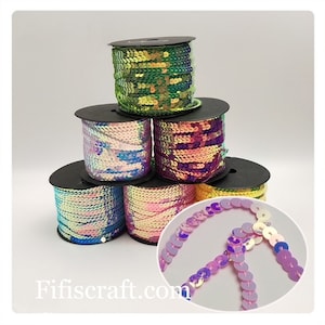 May include: Spools of iridescent sequins in various colors, including green, purple, pink, and blue. The sequins are arranged in a continuous line, creating a shimmering effect. A close-up of a strand of pink iridescent sequins is also shown.