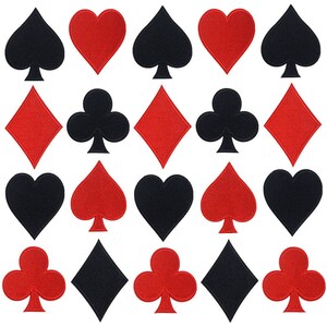 May include: Twenty-four iron-on patches featuring the four suits of playing cards: hearts, diamonds, clubs, and spades. The patches are red and black and have a felt-like texture.