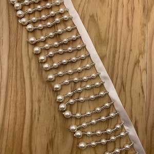 Dangling Pearl String trim on lace by yards, 2 inches long