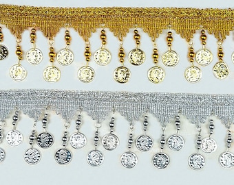 ベリーダンス衣装用シルバーコインフリンジトリム - 10セント硬貨
