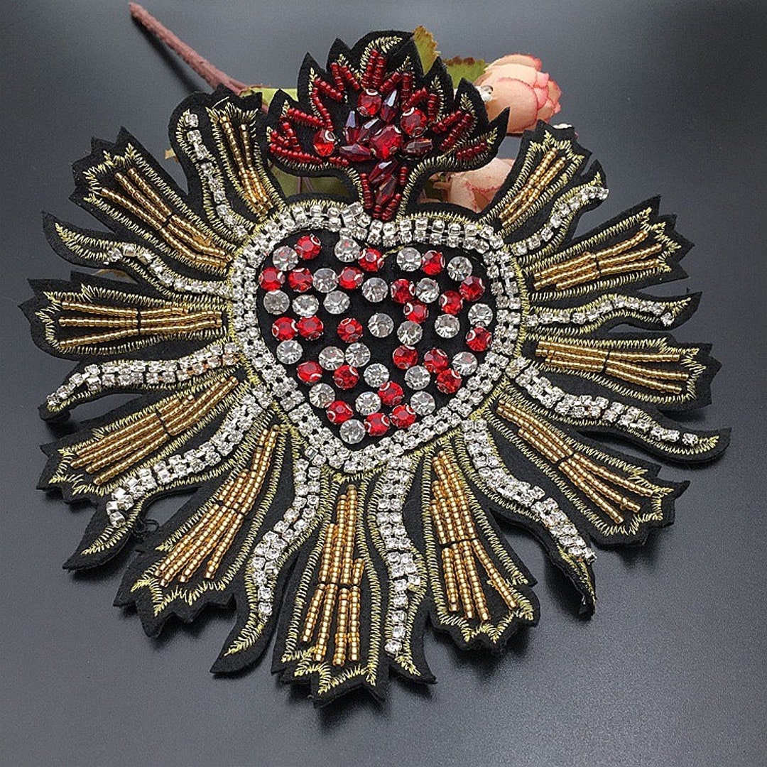 Large Heart and Crown Rhinestone Embroidery Patches, 7X7 Inches Wide ...