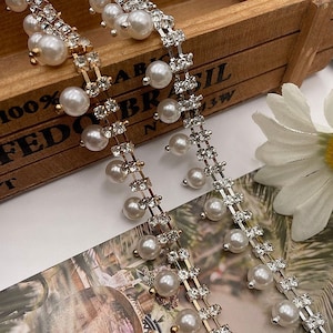 Silver and Rose Gold Pearl Trim on Rhinestone chain by yards, pearl size 8mm, Immediate shipping from USA