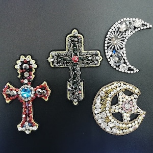 Rhinestone cross and moon embroidery iron on patches
