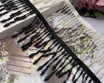 White Black Dangling Pearl String trim on lace by yards, perfect for DIY, sewing and crafting project, immediate shipping from USA