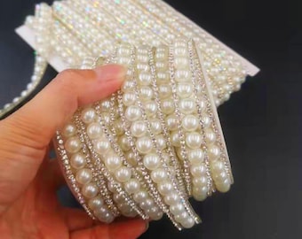9mm Iron on Pearl Trim with rhinestone chain by yards, immediate shipping from USA, for outfit party,  handcraft items DIY projects
