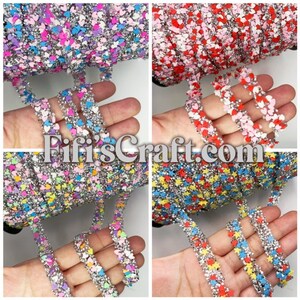 2024 New: 1 cm wide Mixed hearts, mixed star trim by yards, made of soft clay on sticky transparent strip, Glue on, quick shipping from USA