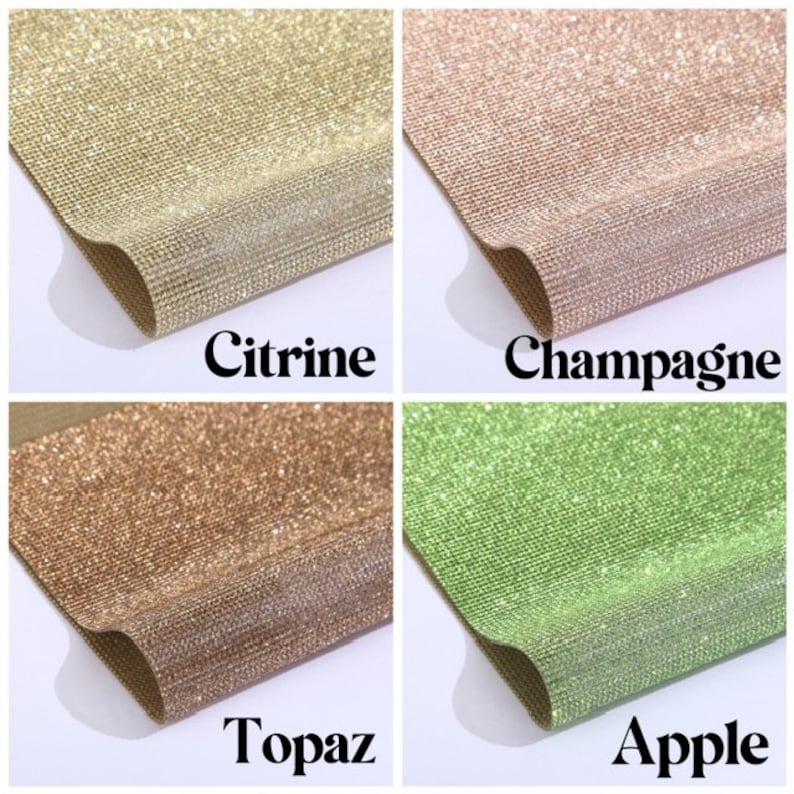 Może przedstawiać: Cztery pr&oacute;bki materiału z brokatem w kolorach Citrine, Champagne, Topaz i Apple. Każda pr&oacute;bka jest złożona, aby pokazać fakturę i blask materiału. Nazwy kolor&oacute;w są napisane poniżej.