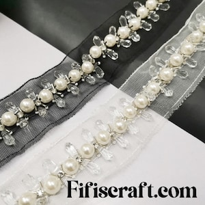 Finiture di perle e strass su maglia tagliati a metri, maglia da 2 pollici, parte di perla larga 1,5 pollici, spedizione rapida dagli Stati Uniti, per abiti da sposa, abiti da sera