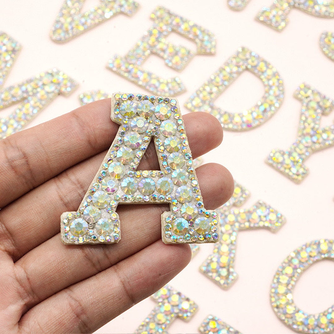Irone on Small Size White AB Rhinestone Alphabet Letters Patches, 2-4.5