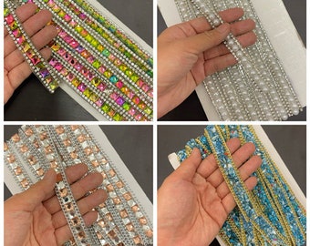 Duo colored Rhinestone trim on transparent glue by yards, crystal string for bridal and evening wear, immediate shipping from USA