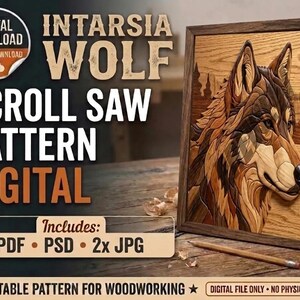 Intarsien-Wolf-Laubsägevorlage, digitale PDF-Druckvorlage, Wildtier-Holzbearbeitungsprojekt